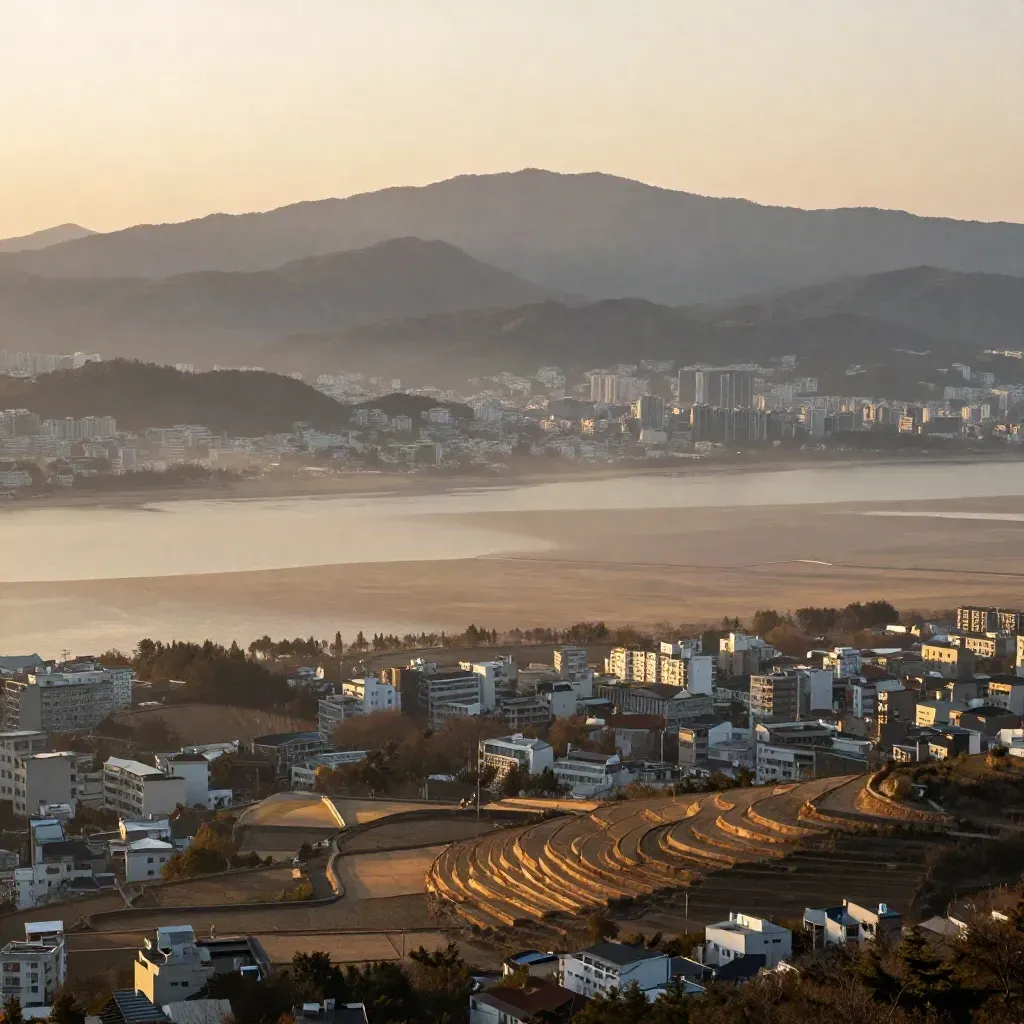 황금빛 석양 아래 대구 분지와 부드러운 산맥, 낮은 도시와 안개 낀 들판 풍경